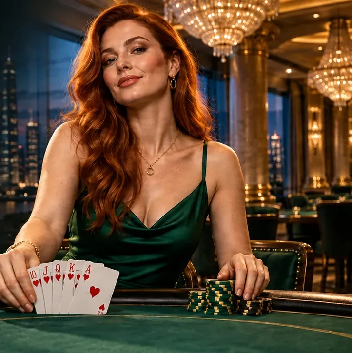 Here2Win Casino hostess in a green dress holding a royal flush of hearts at a card table