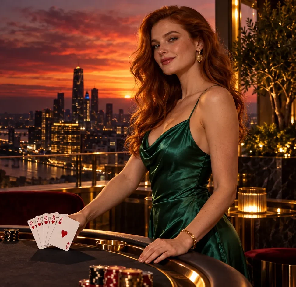 Here2Win Casino hostess in an emerald satin dress at a rooftop card table with a sunset skyline