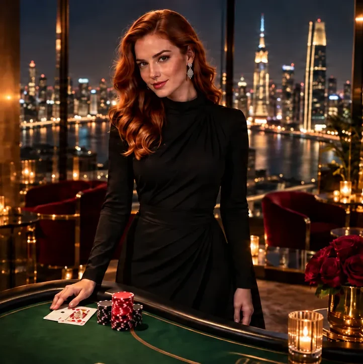 Here2Win Casino hostess in a black dress at a green card table with red chips and city lights behind