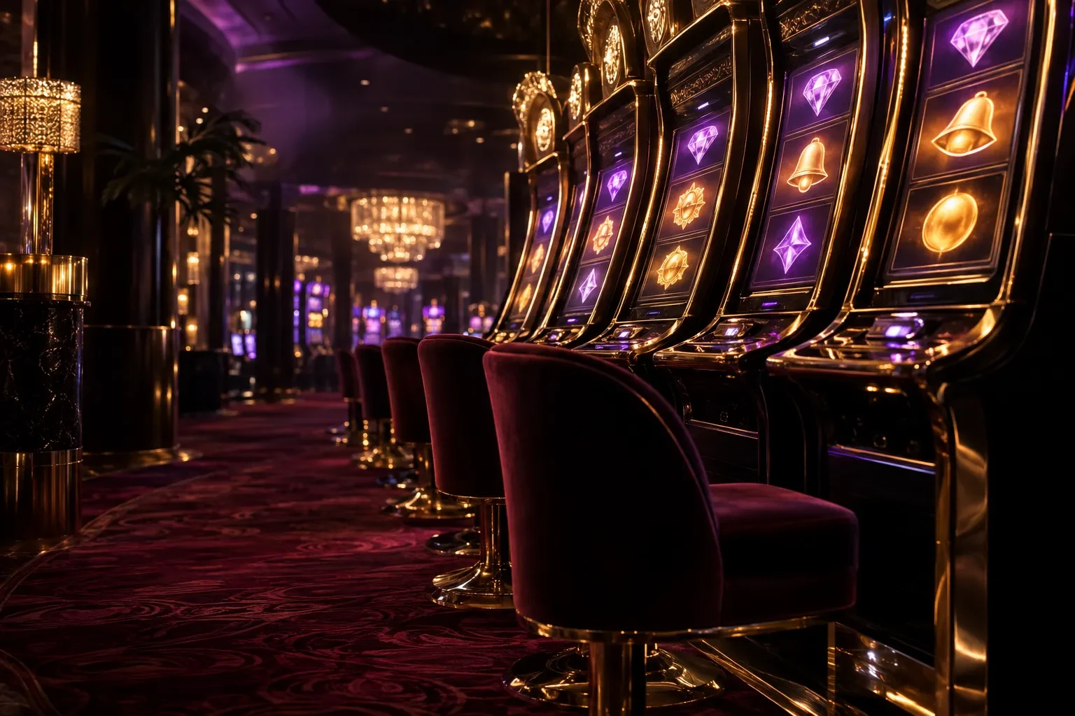 Here2Win Casino slot cabinets with purple diamond and golden bell symbols beside burgundy velvet stools