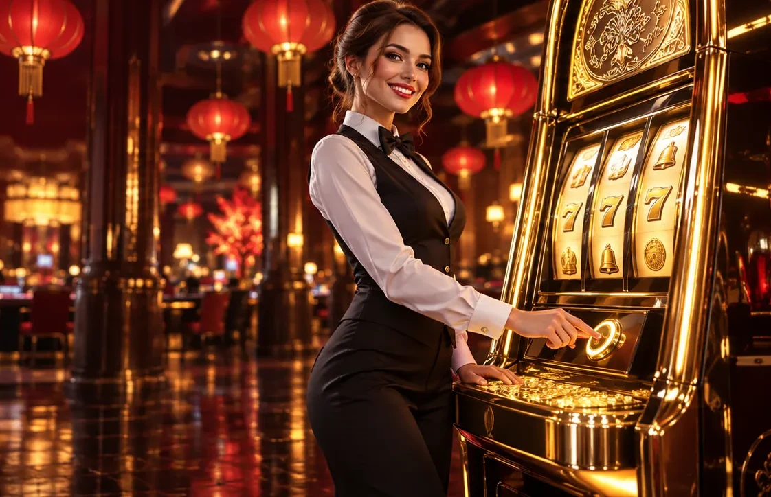 Here2Win Casino croupier pressing the button of a golden pokie showing sevens and bells in a red lantern hall