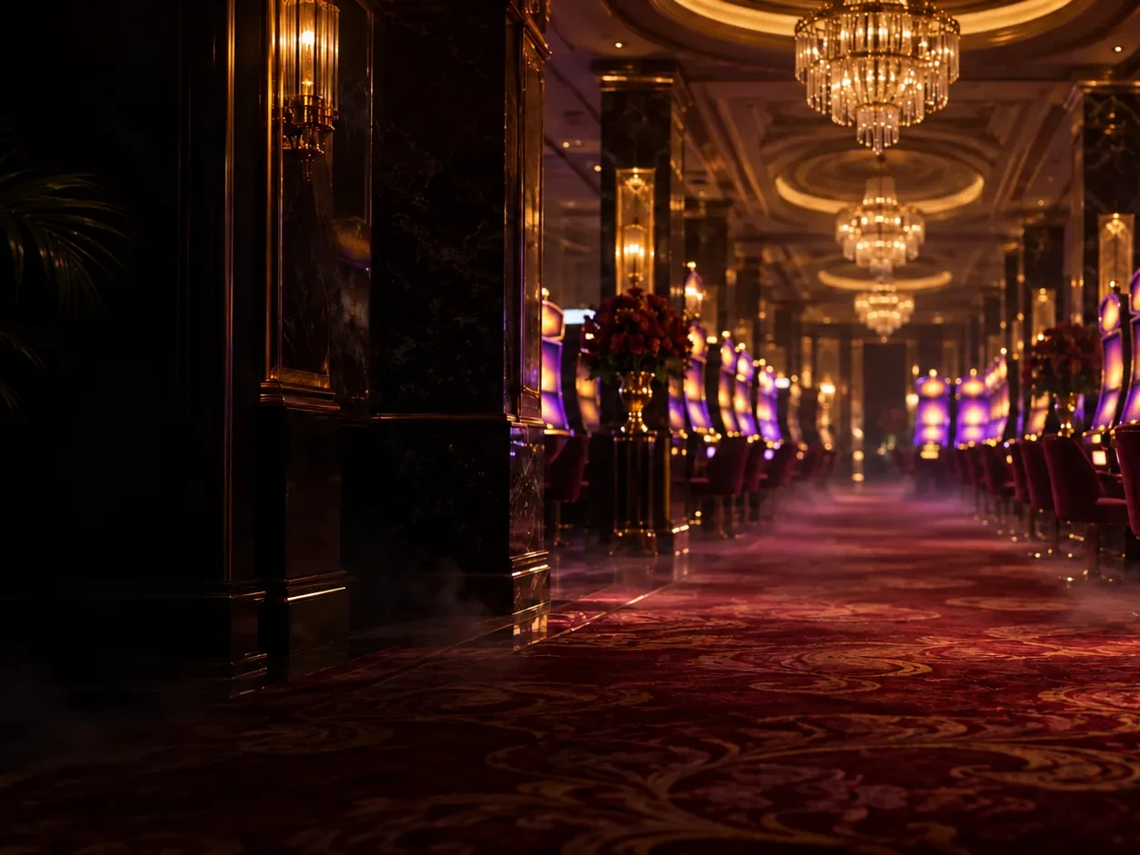 Here2Win Casino hall with a carpeted aisle of glowing pokie cabinets under crystal chandeliers
