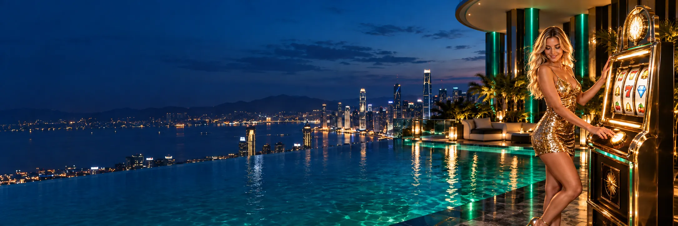Here2Win Casino hostess in a gold dress at a golden slot machine beside a rooftop infinity pool over a night skyline