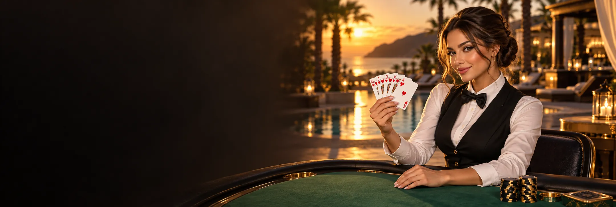Here2Win Casino croupier in a waistcoat and bow tie fanning a royal flush of hearts at a poolside table at sunset