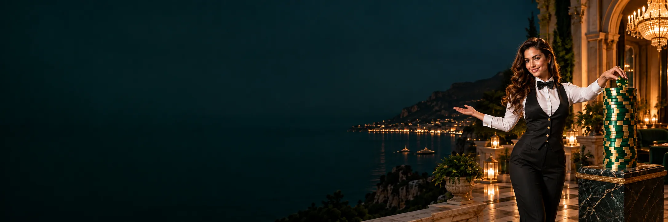 Here2Win Casino croupier in a waistcoat and bow tie stacking green chips on a marble plinth above a night-time coastline
